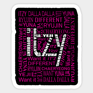 ITZY NAMES AND MUSIC COLLAGE WHITE AND PINK Sticker